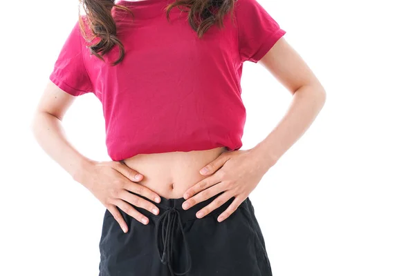 Young Woman Touching Her Belly Isolated White Background — Stock Photo, Image