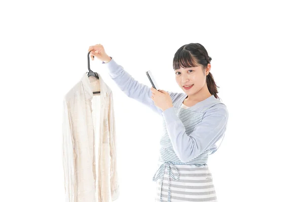 Young Asian Woman Taking Photo White Shirt Isolated White Background — Stock Photo, Image