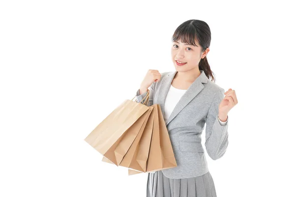 Feliz Asiático Mujer Con Compras Bolsas Aislado Blanco Fondo —  Fotos de Stock