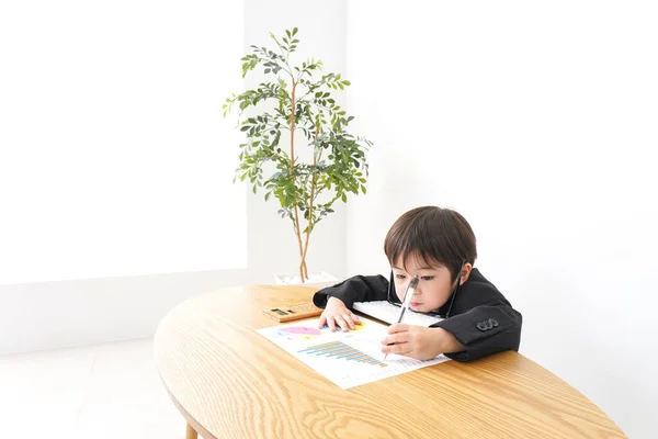 Little Boy Studying Sitting Desk Analyzing Graphs — Stock Photo, Image