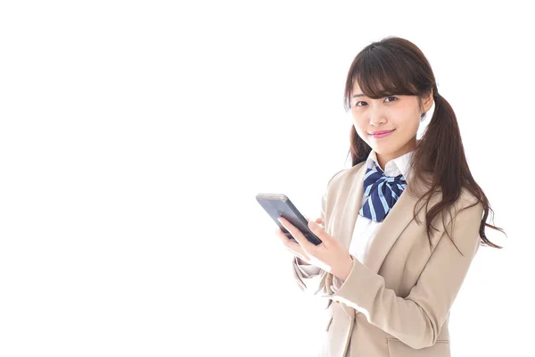 Asiatisk Affärskvinna Med Mobiltelefon Isolerad Vit Bakgrund — Stockfoto