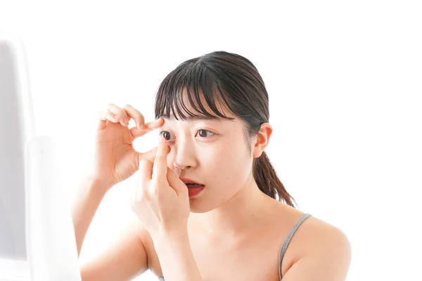 Retrato Mujer Joven Asiática Usando Lentes Oculares Aisladas Sobre Fondo — Foto de Stock