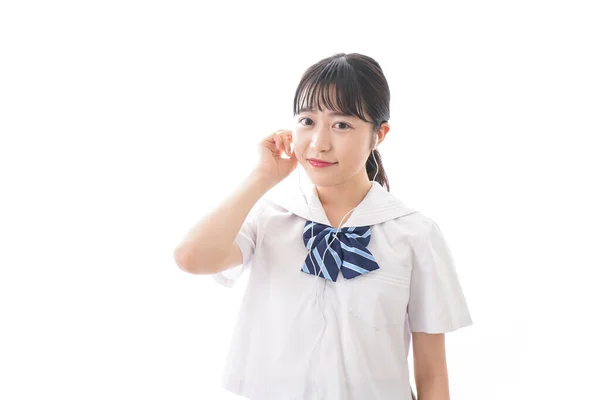 Retrato Mujer Joven Asiática Con Auriculares Aislados Sobre Fondo Blanco — Foto de Stock