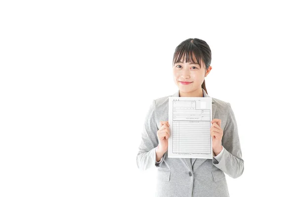 Asiatique Femme Affaires Avec Papier Forme Isolé Sur Fond Blanc — Photo