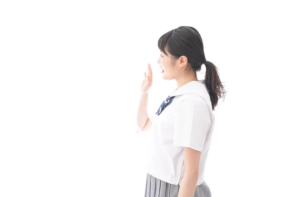 Retrato Asiático Jovem Mulher Escola Uniforme Isolado Branco Fundo — Fotografia de Stock