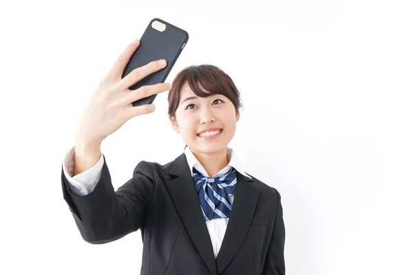 Retrato Asiático Jovem Empresária Tomando Selfie Usando Smartphone — Fotografia de Stock