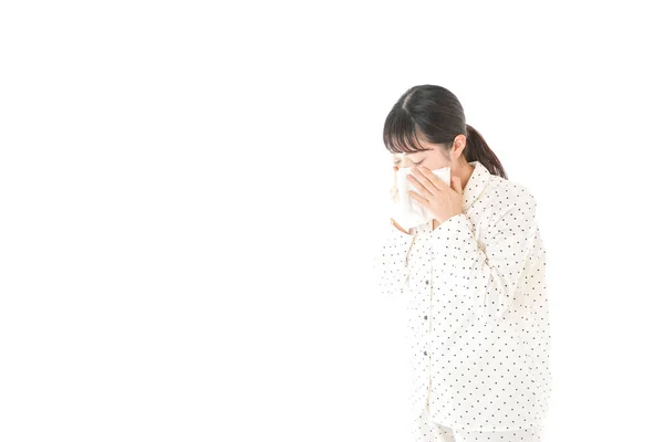 Asian Young Woman Pajamas Suffering Flu Isolated White Background — Stock Photo, Image