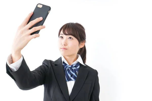 Retrato Asiático Jovem Empresária Tomando Selfie Usando Smartphone — Fotografia de Stock