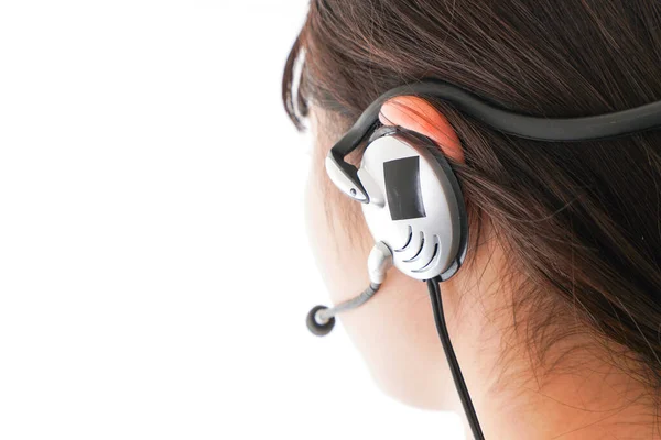 Ασιατική Επιχειρηματίας Ακουστικά Στην Εργασία Απομονώνονται Λευκό Φόντο Εξυπηρέτηση Πελατών — Φωτογραφία Αρχείου