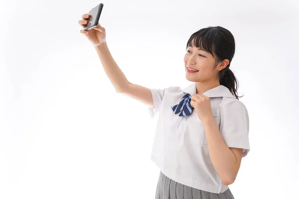 Asian Woman Taking Selfie Mobile Phone — Stock Photo, Image