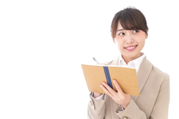 Asian Businesswoman Notebook Isolated White Background — Stock Photo, Image