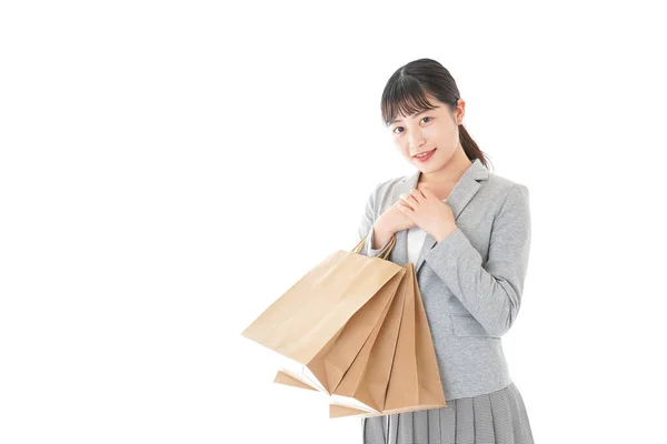 Feliz Mulher Asiática Com Sacos Compras Isolado Fundo Branco — Fotografia de Stock