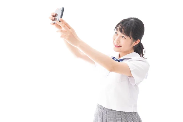 Asiática Mulher Tomando Selfie Com Celular — Fotografia de Stock