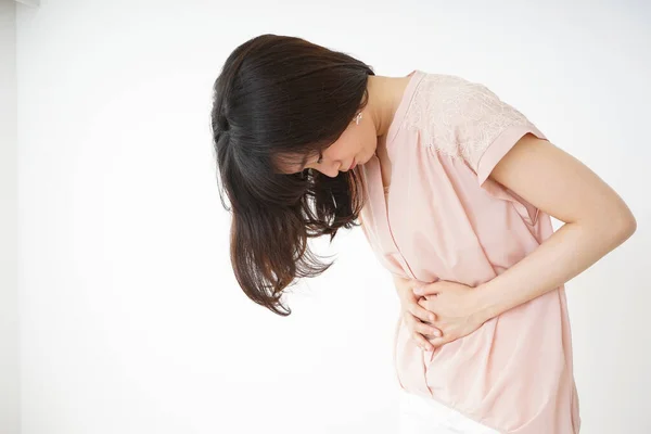 Woman Suffering Stomach Ache White Background — Stock Photo, Image