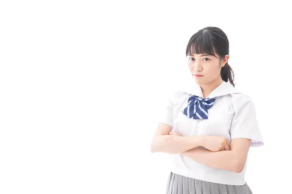 Retrato Asiático Jovem Mulher Escola Uniforme Isolado Branco Fundo — Fotografia de Stock