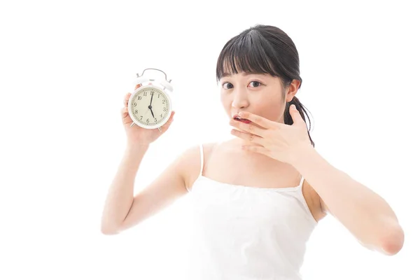Young Asian Woman Alarm Clock Isolated White Background — Stock Photo, Image