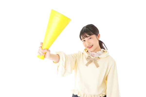 Retrato Asiático Jovem Mulher Com Amarelo Megafone Isolado Branco Fundo — Fotografia de Stock