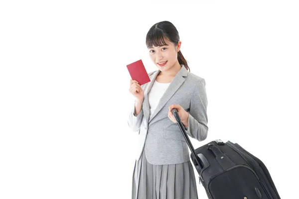 Asiático Jovem Mulher Com Mala Passaporte Isolado Fundo Branco Conceito — Fotografia de Stock
