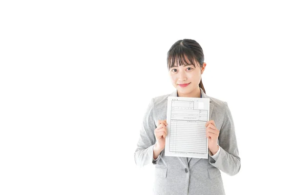 Asiatique Femme Affaires Avec Papier Forme Isolé Sur Fond Blanc — Photo