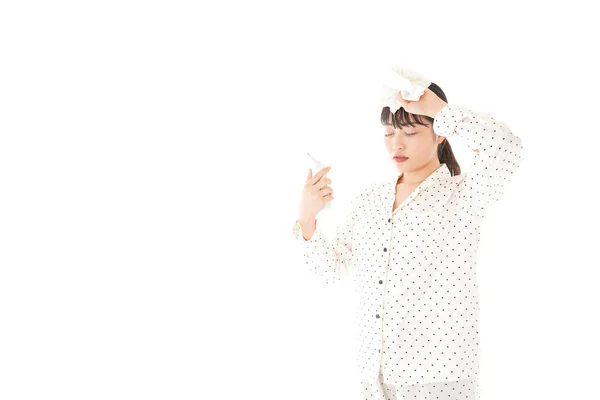 Asian Young Woman Pajamas Suffering Fever Isolated White Background — Stock Photo, Image