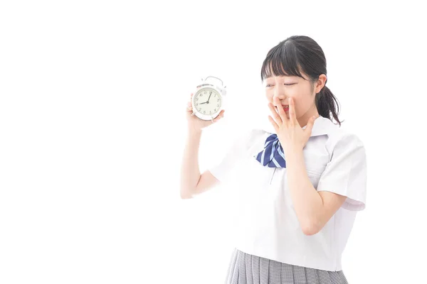 Retrato Asiático Jovem Mulher Escola Uniforme Segurando Despertador Isolado Branco — Fotografia de Stock