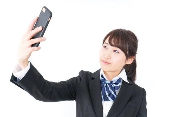 Portret Van Aziatische Jonge Zakenvrouw Nemen Selfie Met Behulp Van — Stockfoto
