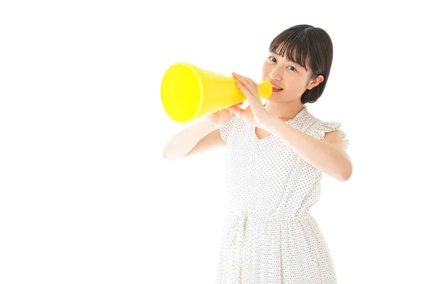 Retrato Asiático Jovem Mulher Com Amarelo Megafone Isolado Branco Fundo — Fotografia de Stock