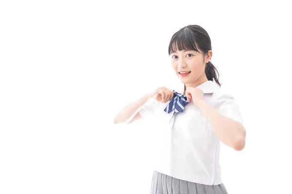 Portrait Asian Young Woman School Uniform Isolated White Background — Stock Photo, Image