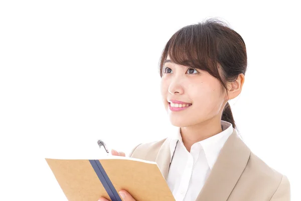 Mujer Negocios Asiática Con Cuaderno Aislado Sobre Fondo Blanco — Foto de Stock
