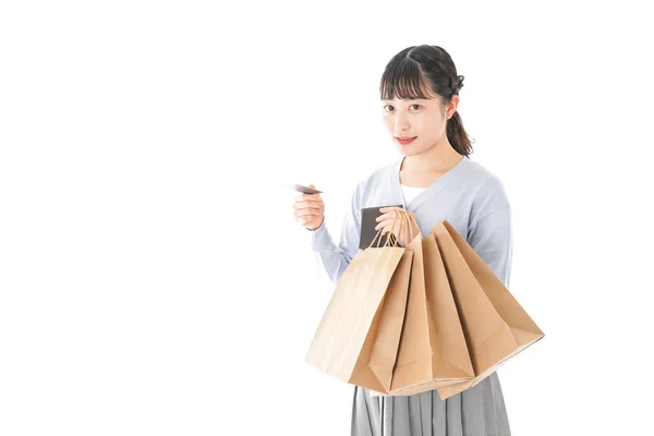 Feliz Mulher Asiática Com Sacos Compras Isolado Fundo Branco — Fotografia de Stock