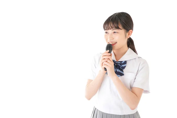 Jeune Femme Affaires Avec Microphone Isolé Sur Fond Blanc — Photo