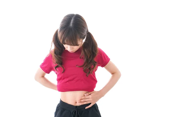 Young Woman Touching Her Belly Isolated White Background — Stock Photo, Image