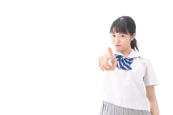 Retrato Asiático Jovem Mulher Escola Uniforme Isolado Branco Fundo — Fotografia de Stock