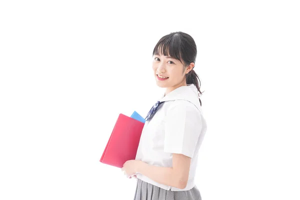 亚洲年轻女子的肖像 身穿校服 手持白色背景的文件夹 — 图库照片