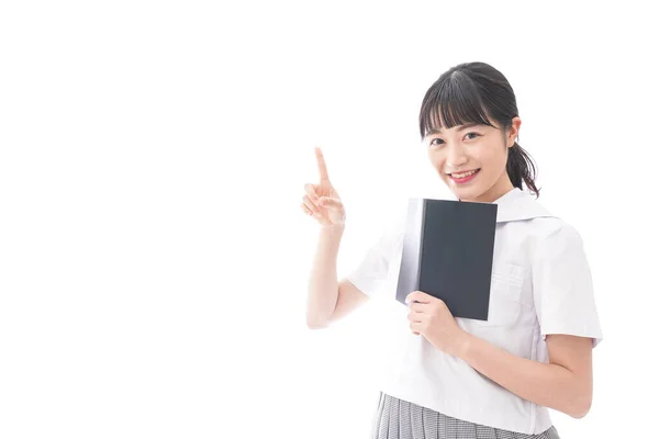 Porträt Einer Jungen Asiatischen Frau Schuluniform Mit Buch Auf Weißem — Stockfoto