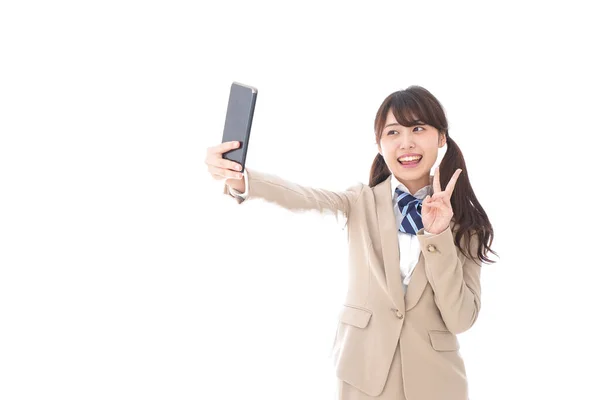 Aziatische Zakenvrouw Het Nemen Van Selfie Geïsoleerd Witte Achtergrond — Stockfoto