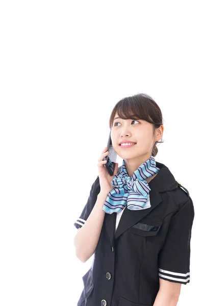白人の背景に隔離された携帯電話で話すアジア系ビジネス女性は — ストック写真