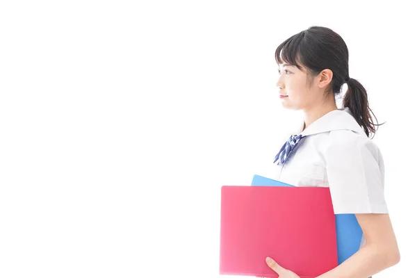 Retrato Asiático Jovem Mulher Escola Uniforme Segurando Pastas Isolado Fundo — Fotografia de Stock