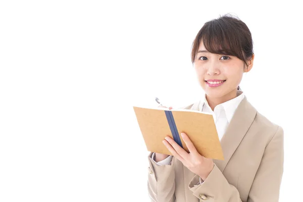 Asiatico Businesswoman Con Notebook Isolato Sfondo Bianco — Foto Stock