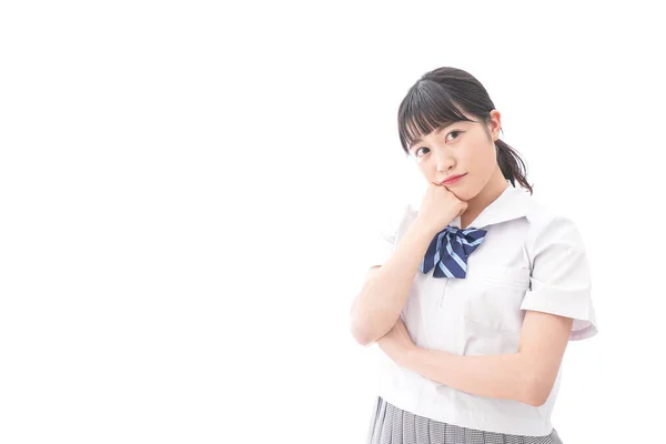 Portrait Jeune Femme Asiatique Uniforme Scolaire Isolé Sur Fond Blanc — Photo