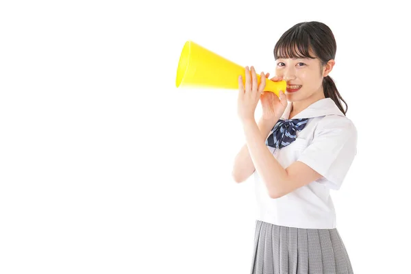 Portrait Asian Young Woman Yellow Megaphone Isolated White Background — Stock Photo, Image