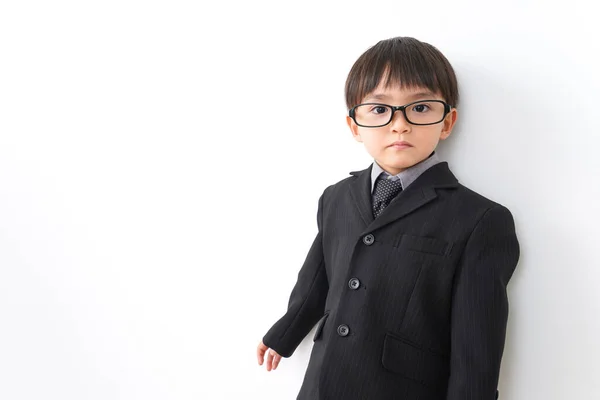 Little Boy Wearing Suit Eyeglasses Posing Studio White Background — Stock Photo, Image