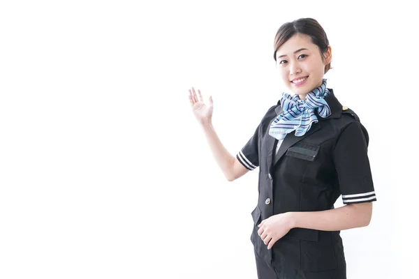 Smiling Asian Businesswoman Uniform Bow Showing Copy Space Isolated White — Stock Photo, Image