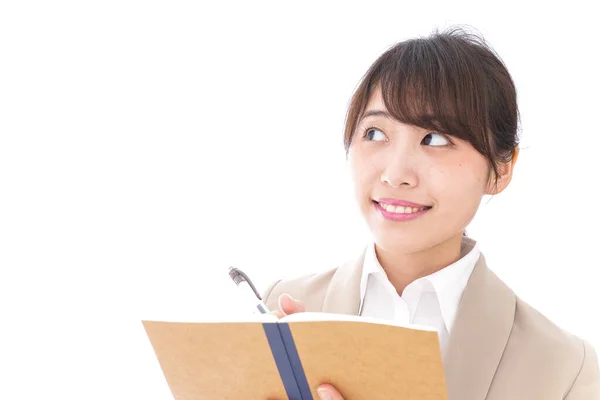 Mujer Negocios Asiática Con Cuaderno Aislado Sobre Fondo Blanco —  Fotos de Stock