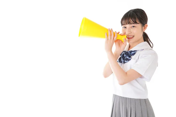 Retrato Asiático Jovem Mulher Com Amarelo Megafone Isolado Branco Fundo — Fotografia de Stock