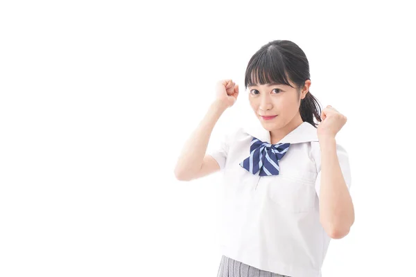 Porträtt Asiatisk Ung Kvinna Skolan Uniform Isolerad Vit Bakgrund — Stockfoto