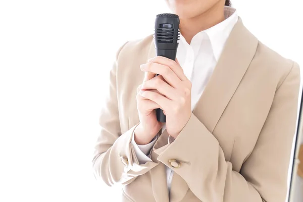 Jovem Mulher Negócios Com Microfone Isolado Fundo Branco — Fotografia de Stock