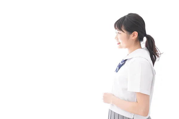 Retrato Mujer Joven Asiática Uniforme Escolar Aislado Sobre Fondo Blanco — Foto de Stock