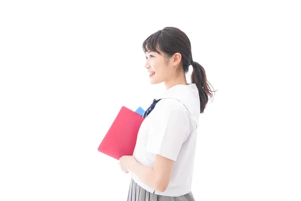亚洲年轻女子的肖像 身穿校服 手持白色背景的文件夹 — 图库照片