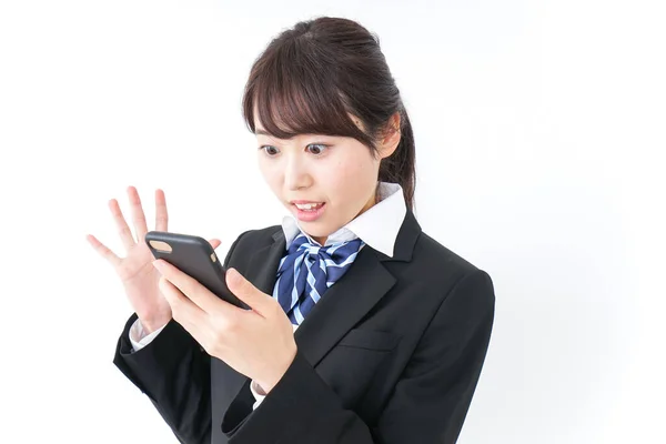 Porträt Einer Asiatischen Jungen Geschäftsfrau Mit Smartphone — Stockfoto